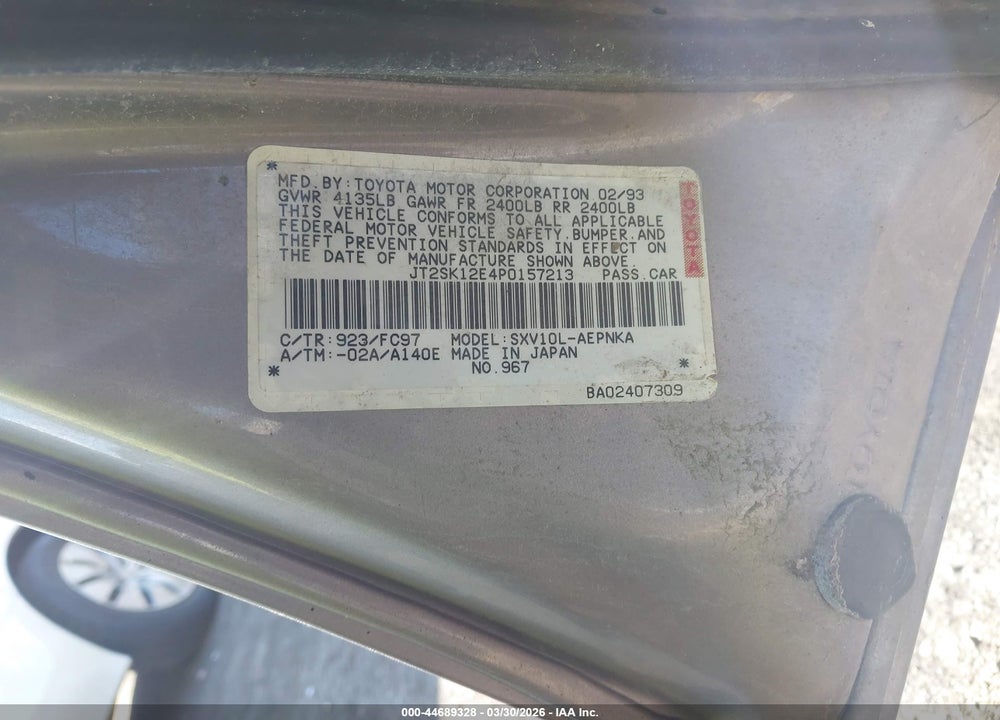 1993 TOYOTA CAMRY LE VIN: JT2SK12E4P0157213