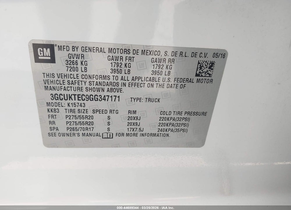 2016 CHEVROLET SILVERADO 1500 HIGH COUNTRY VIN: 3GCUKTEC9GG347171
