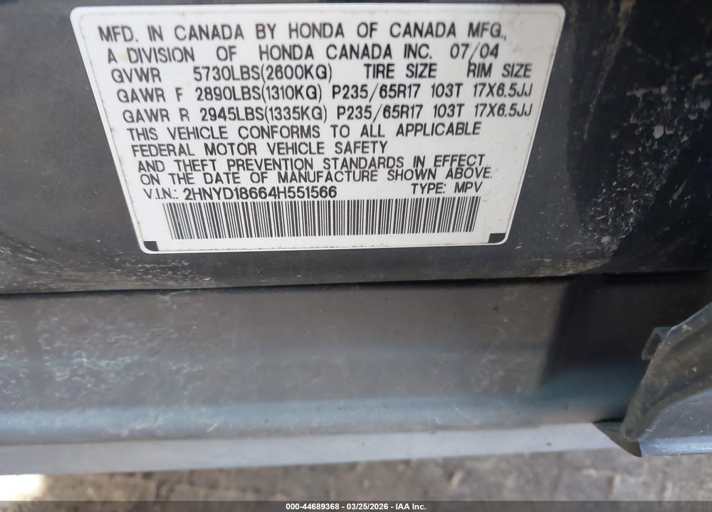 2004 ACURA MDX VIN: 2HNYD18664H551566