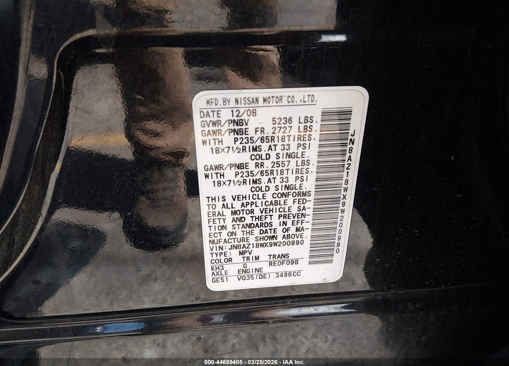 2009 NISSAN MURANO S VIN: JN8AZ18WX9W200990