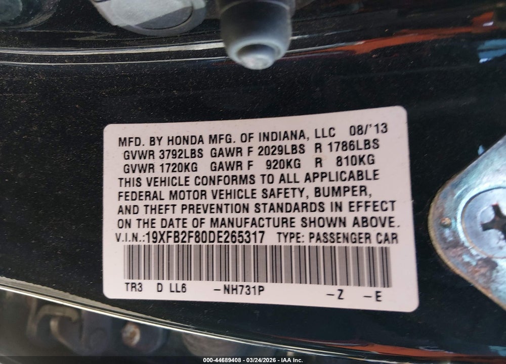 2013 HONDA CIVIC EX VIN: 19XFB2F80DE265317
