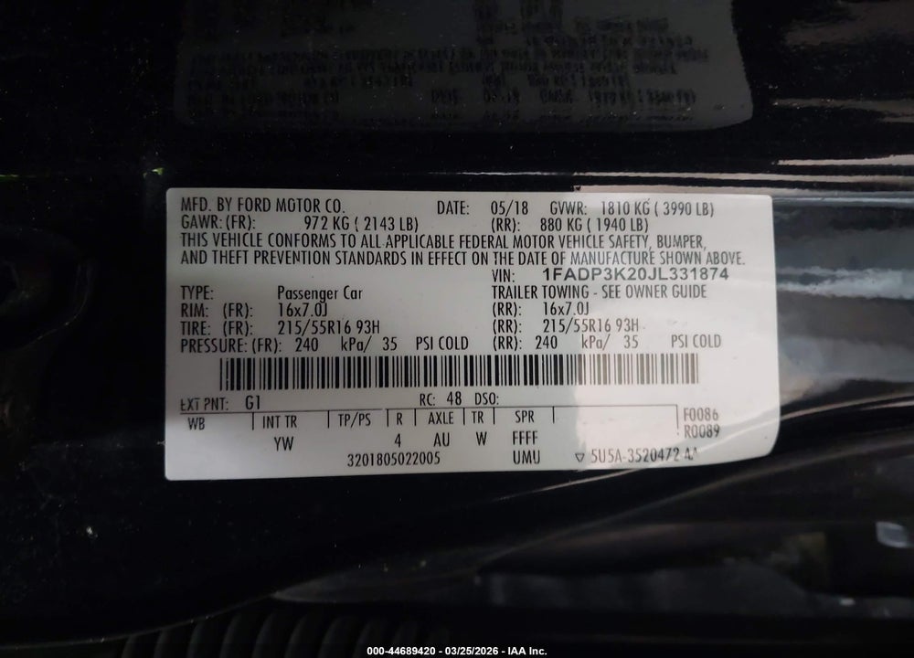 2018 FORD FOCUS SE VIN: 1FADP3K20JL331874