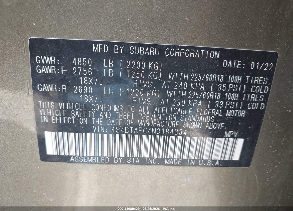 2022 SUBARU OUTBACK TOURING VIN: 4S4BTAPC4N3184334