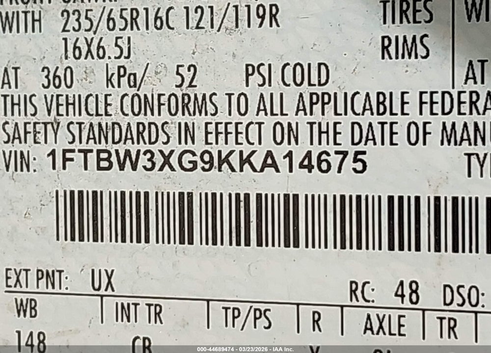 2019 FORD TRANSIT-350 VIN: 1FTBW3XG9KKA14675