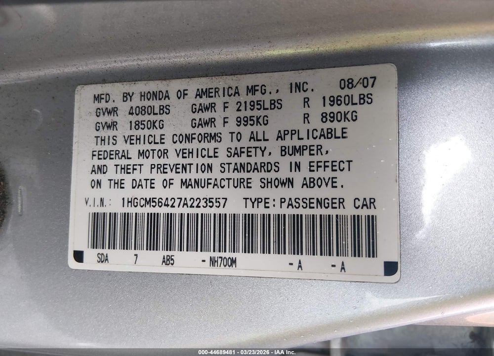 2007 HONDA ACCORD 2.4 LX VIN: 1HGCM56427A223557