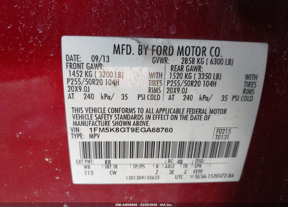 2014 FORD EXPLORER SPORT VIN: 1FM5K8GT9EGA68760