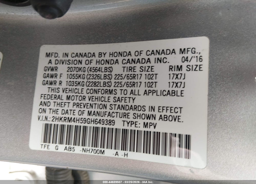 2016 HONDA CR-V EX VIN: 2HKRM4H59GH649389