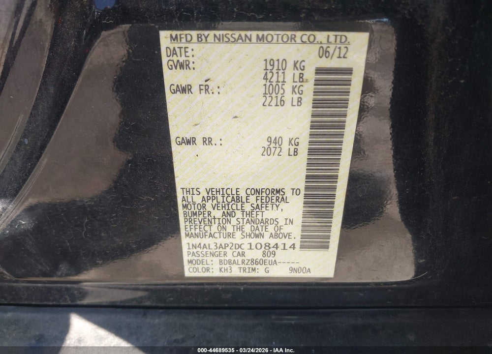 2013 NISSAN ALTIMA 2.5 S VIN: 1N4AL3AP2DC108414