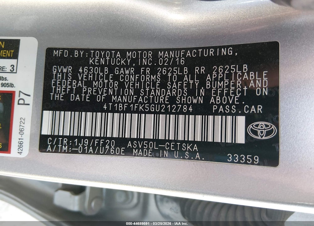 2016 TOYOTA CAMRY SE VIN: 4T1BF1FK5GU212784