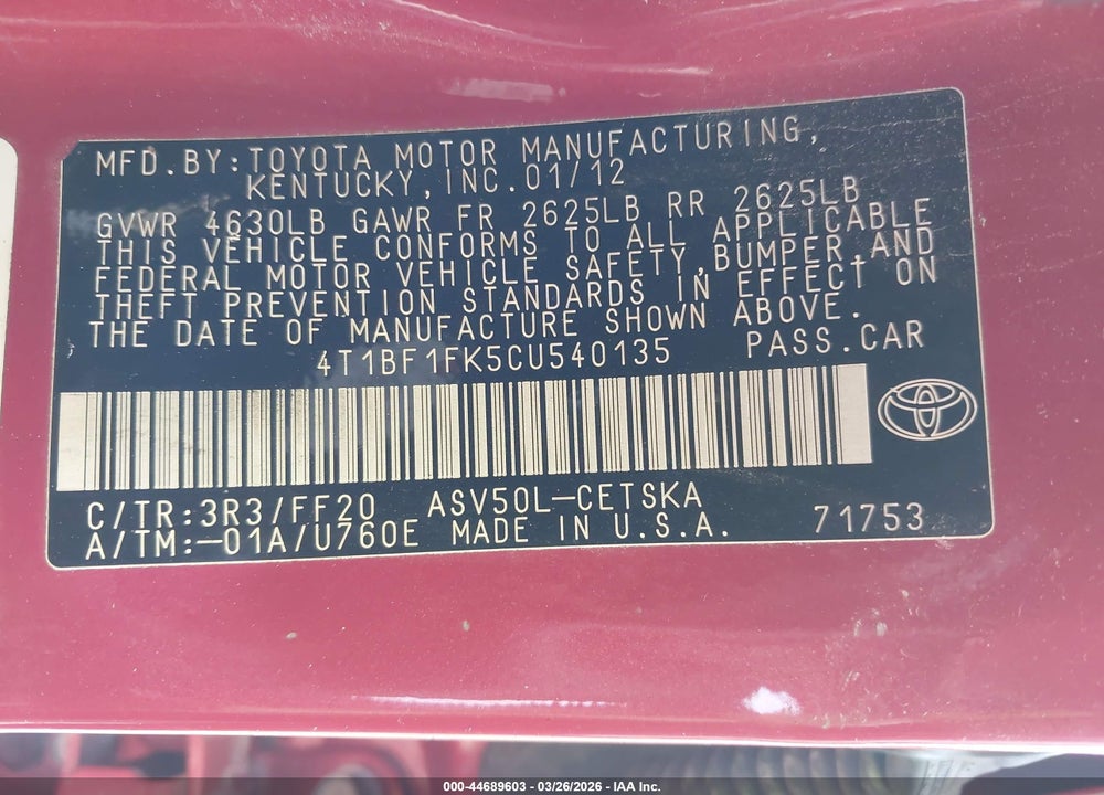 2012 TOYOTA CAMRY SE VIN: 4T1BF1FK5CU540135