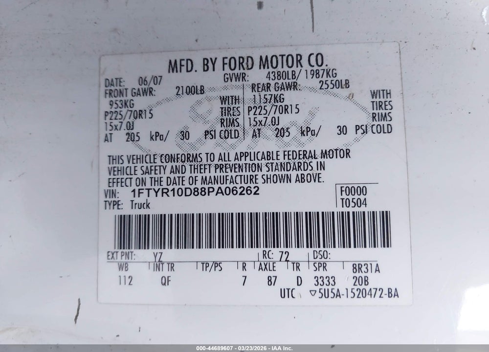 2008 FORD RANGER XL VIN: 1FTYR10D88PA06262