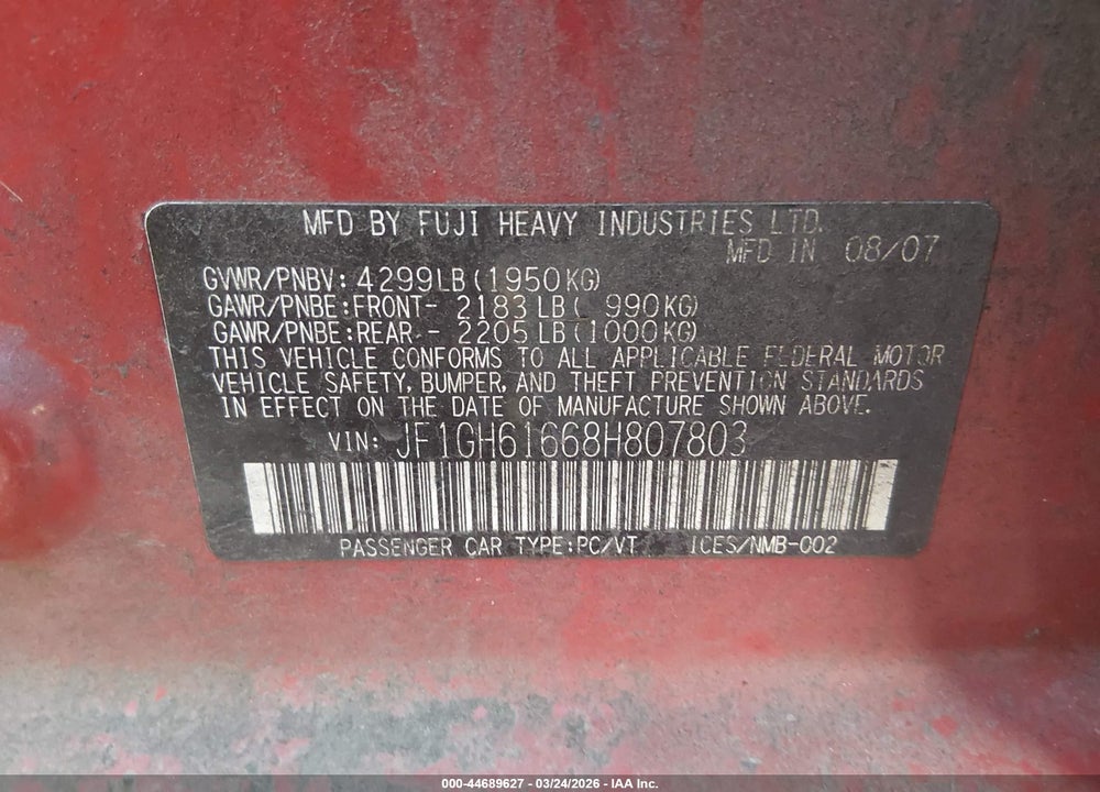 2008 SUBARU IMPREZA 2.5I VIN: JF1GH61668H807803