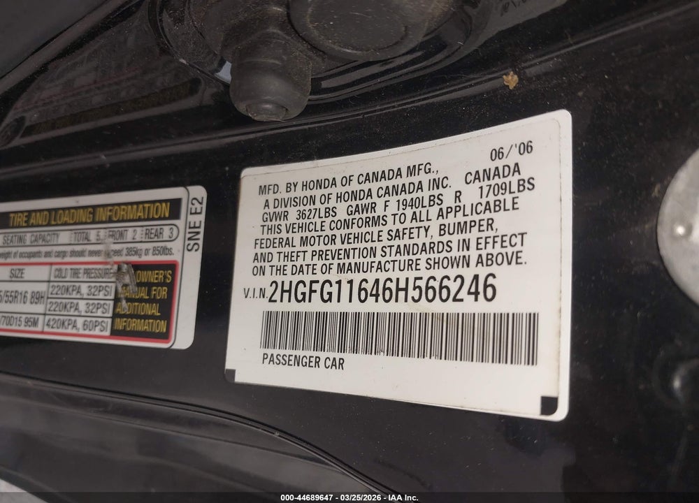 2006 HONDA CIVIC LX VIN: 2HGFG11646H566246
