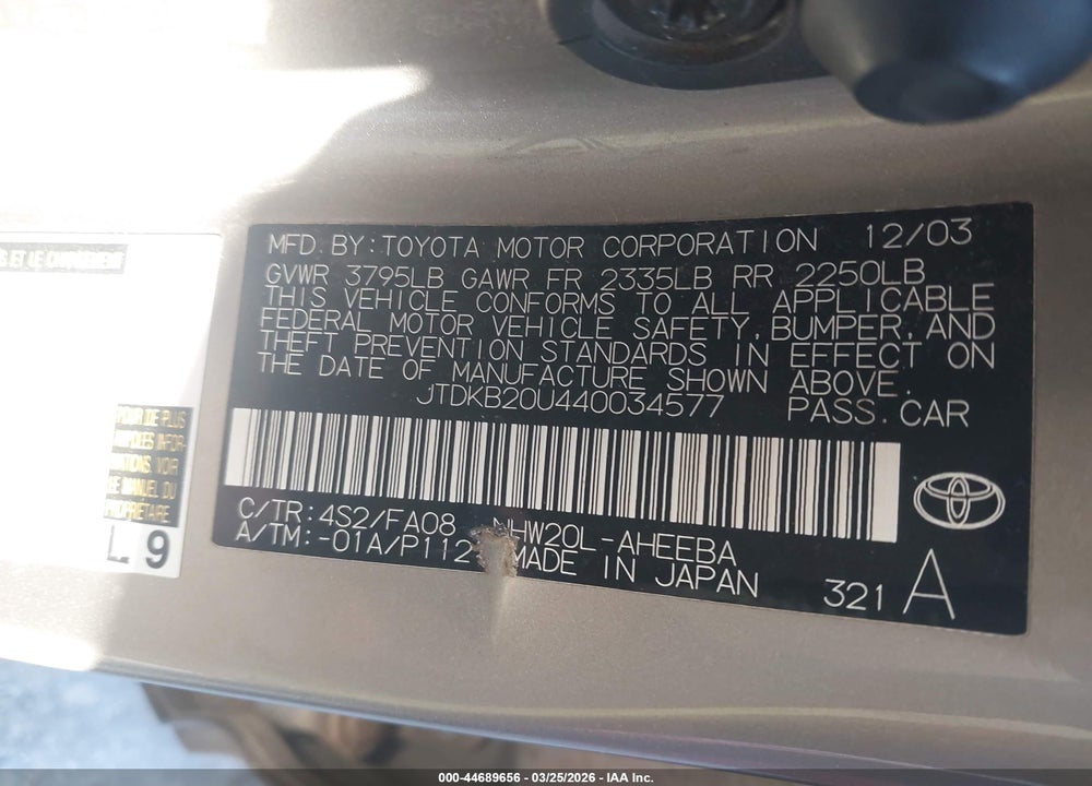 2004 TOYOTA PRIUS VIN: JTDKB20U440034577
