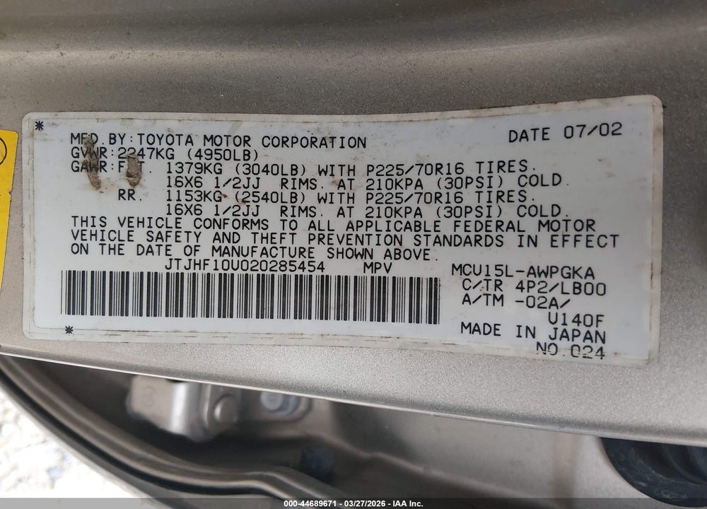 2002 LEXUS RX 300 VIN: JTJHF10U020285454