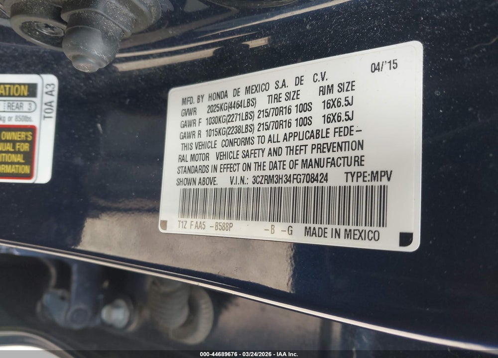 2015 HONDA CR-V LX VIN: 3CZRM3H34FG708424