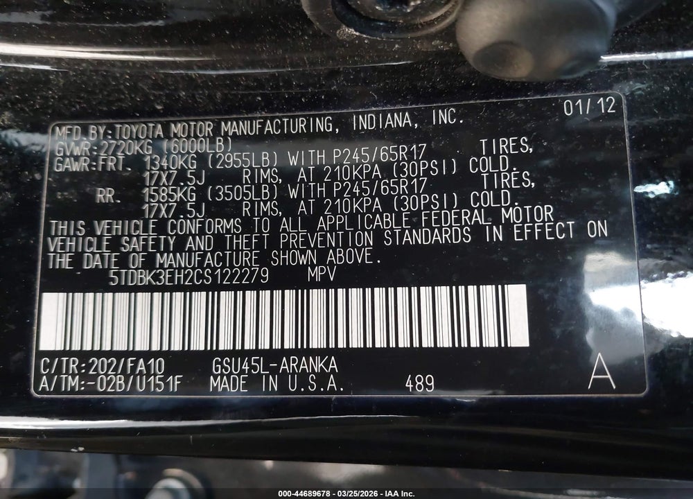 2012 TOYOTA HIGHLANDER BASE V6 VIN: 5TDBK3EH2CS122279