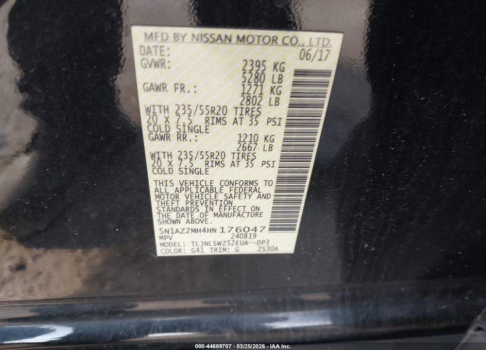 2017 NISSAN MURANO PLATINUM VIN: 5N1AZ2MH4HN176047
