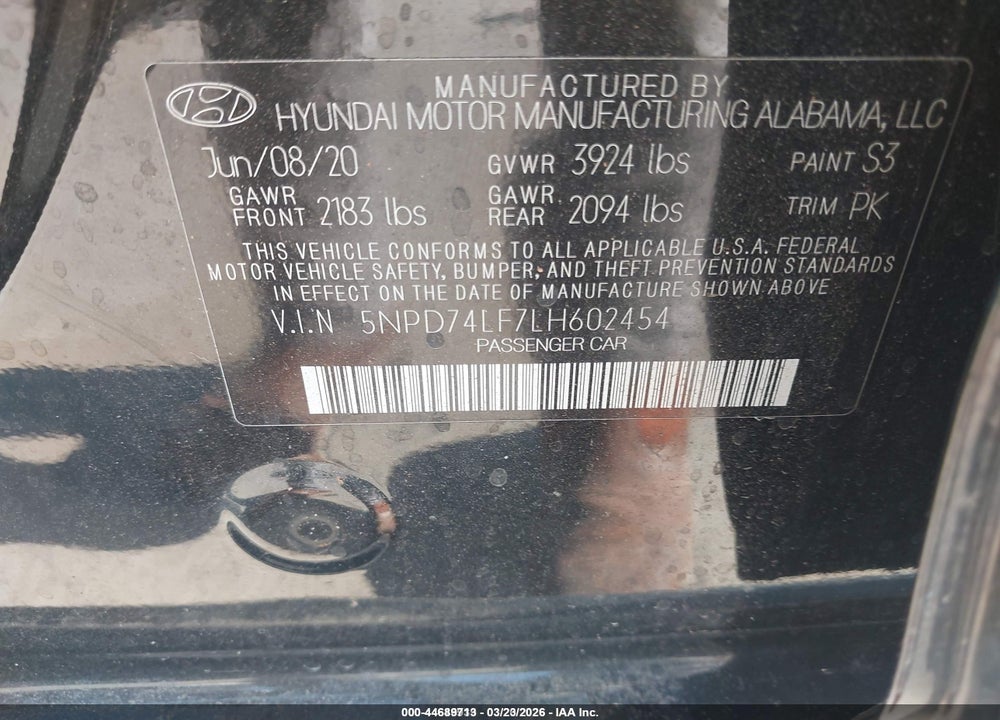 2020 HYUNDAI ELANTRA SE VIN: 5NPD74LF7LH602454