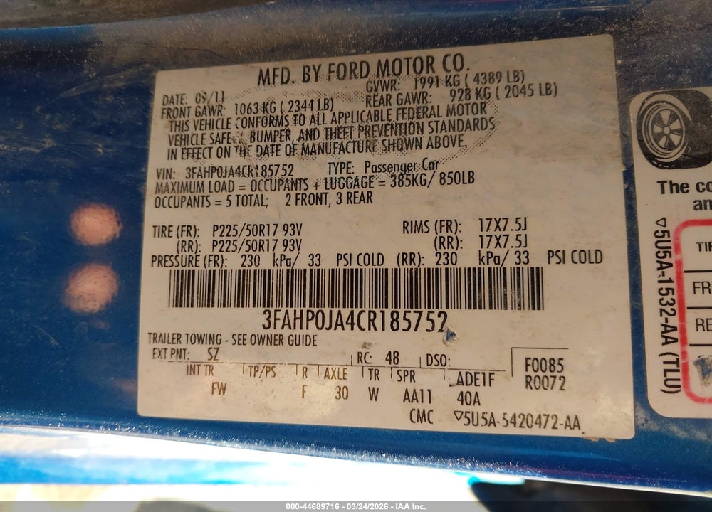 2012 FORD FUSION SEL VIN: 3FAHP0JA4CR185752