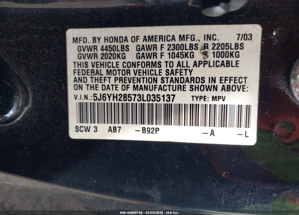 2003 HONDA ELEMENT EX VIN: 5J6YH28573L035137