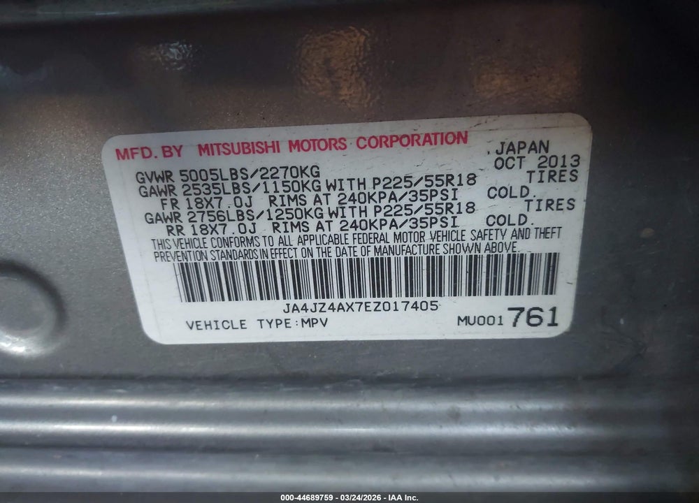 2014 MITSUBISHI OUTLANDER GT VIN: JA4JZ4AX7EZ017405