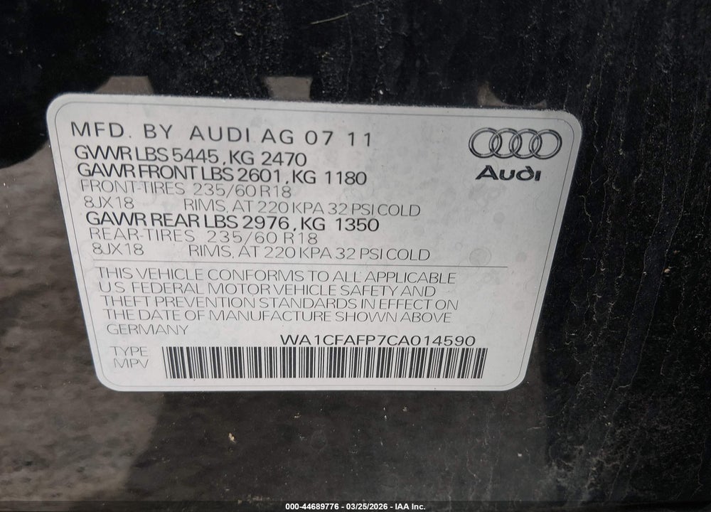 2012 AUDI Q5 2.0T PREMIUM VIN: WA1CFAFP7CA014590