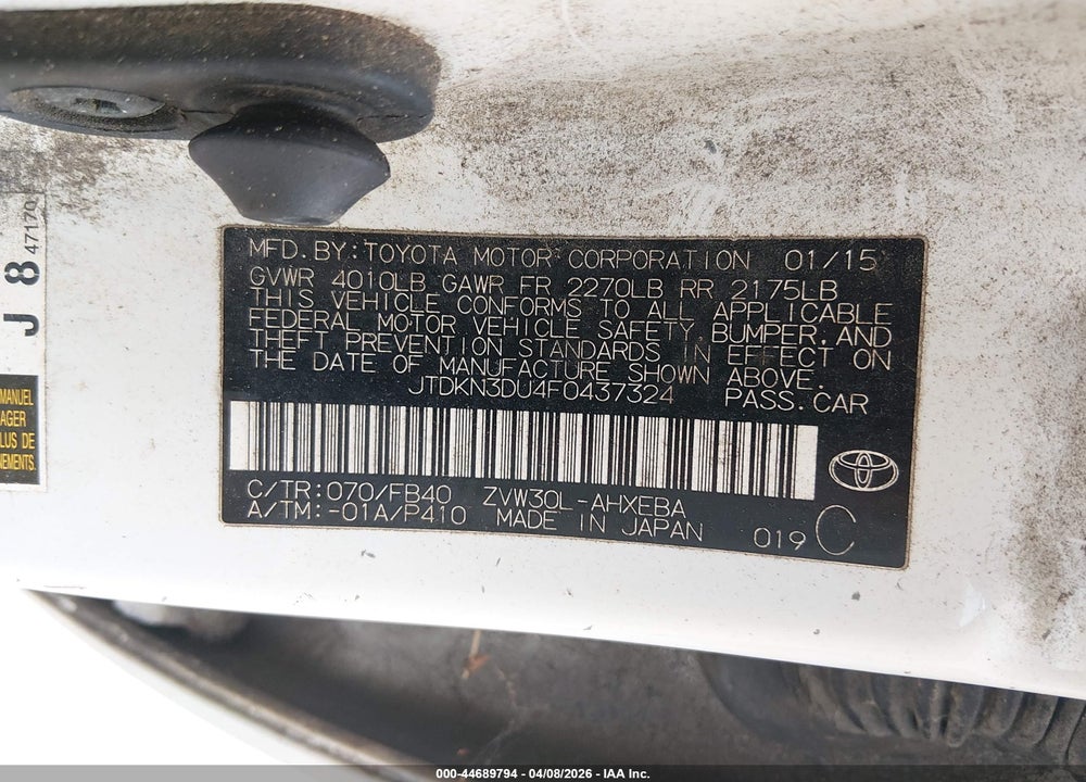 2015 TOYOTA PRIUS THREE VIN: JTDKN3DU4F0437324