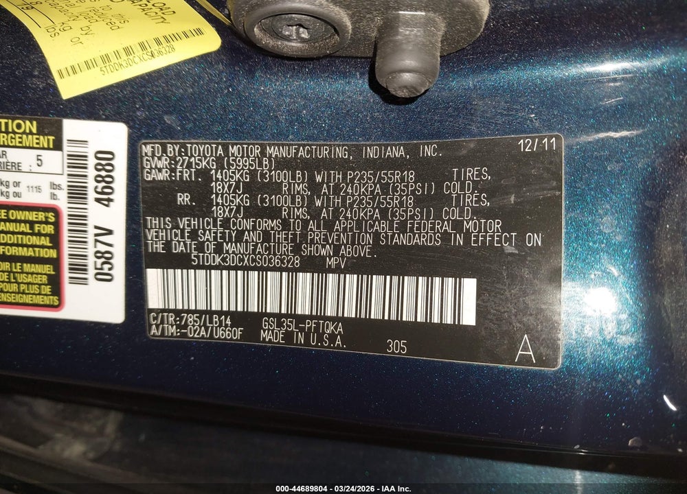 2012 TOYOTA SIENNA XLE 7 PASSENGER VIN: 5TDDK3DCXCS036328