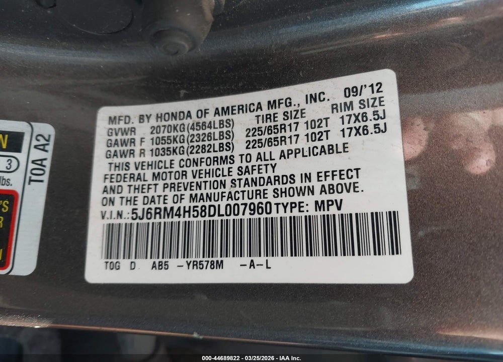 2013 HONDA CR-V EX VIN: 5J6RM4H58DL007960