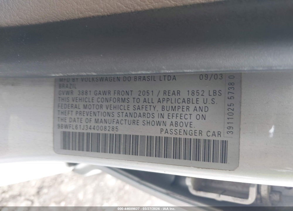 2004 VOLKSWAGEN GOLF GL 2.0L VIN: 9BWFL61J344008285