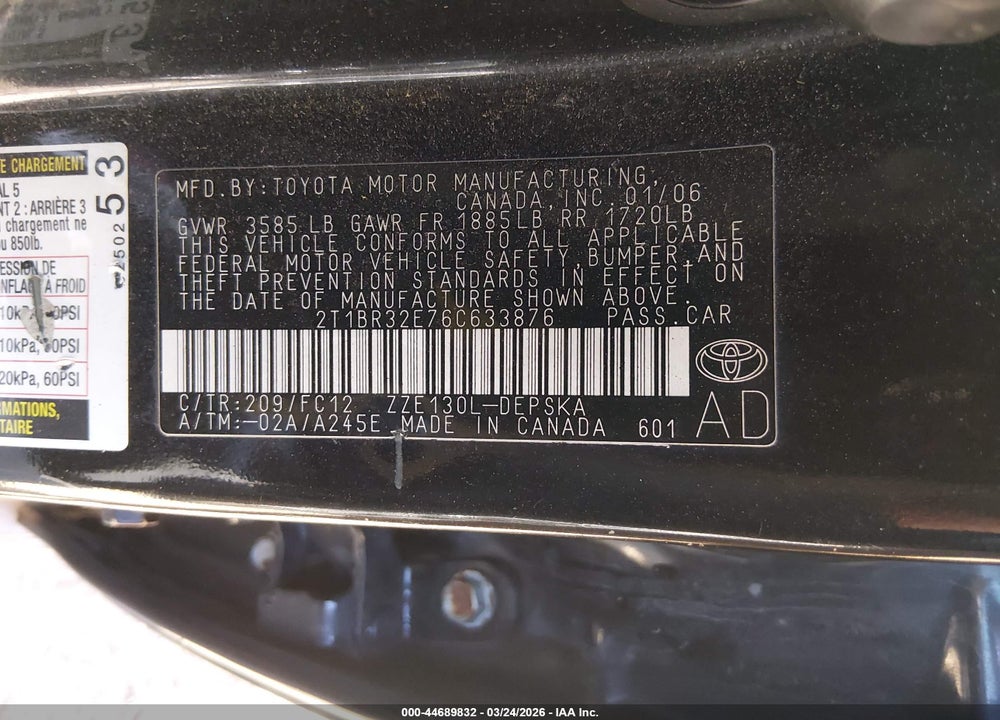 2006 TOYOTA COROLLA S VIN: 2T1BR32E76C633876