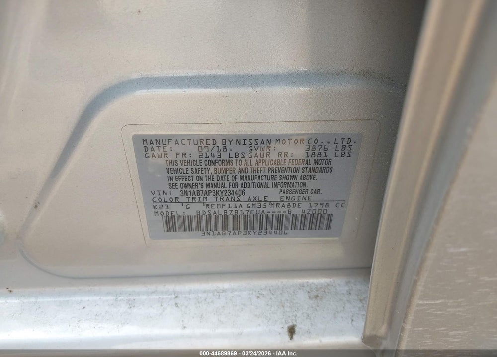 2019 NISSAN SENTRA S VIN: 3N1AB7AP3KY234406