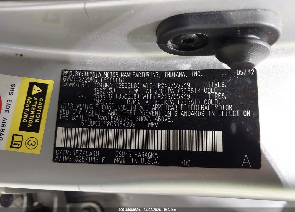 2012 TOYOTA HIGHLANDER LIMITED V6 VIN: 5TDDK3EH8CS154209