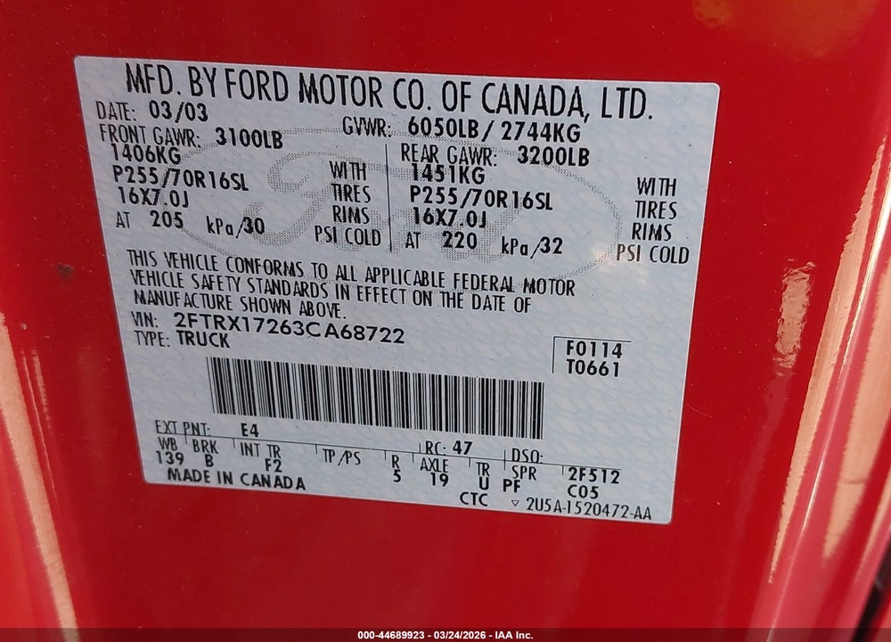 2003 FORD F-150 XL/XLT VIN: 2FTRX17263CA68722