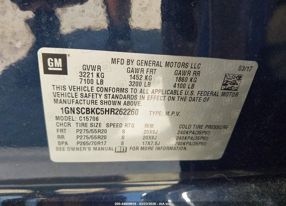2017 CHEVROLET TAHOE LT VIN: 1GNSCBKC5HR262260