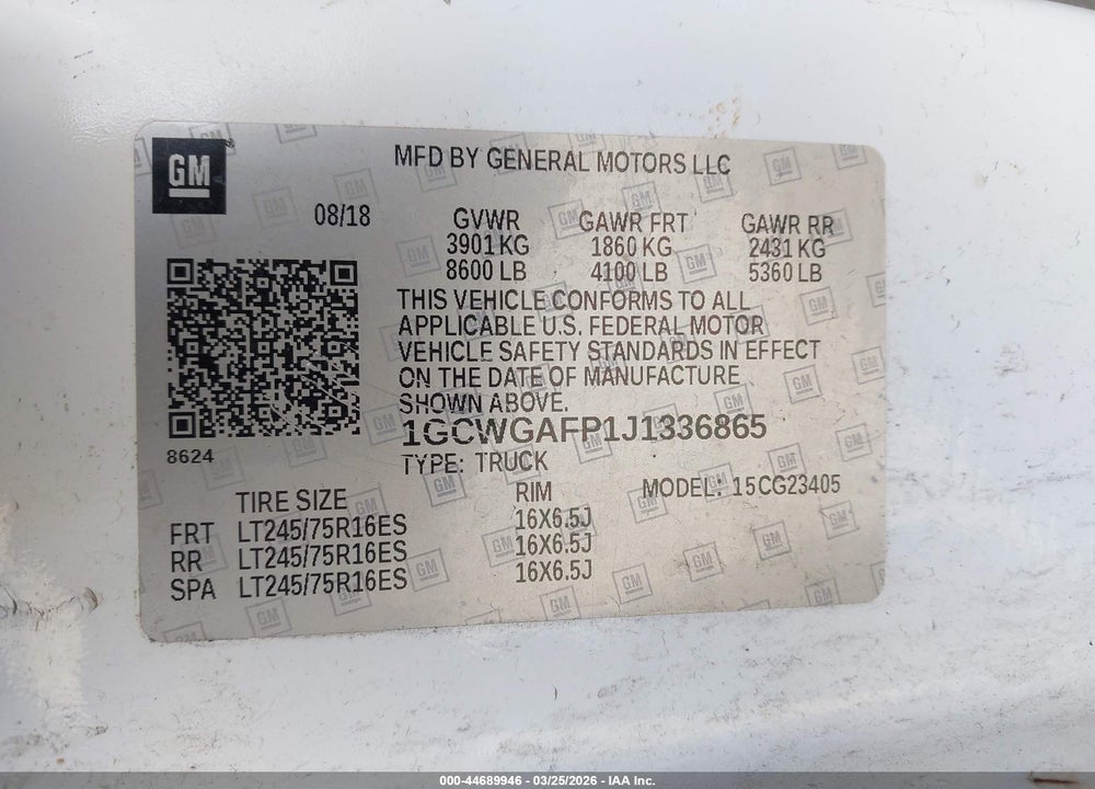 2018 CHEVROLET EXPRESS 2500 WORK VAN VIN: 1GCWGAFP1J1336865