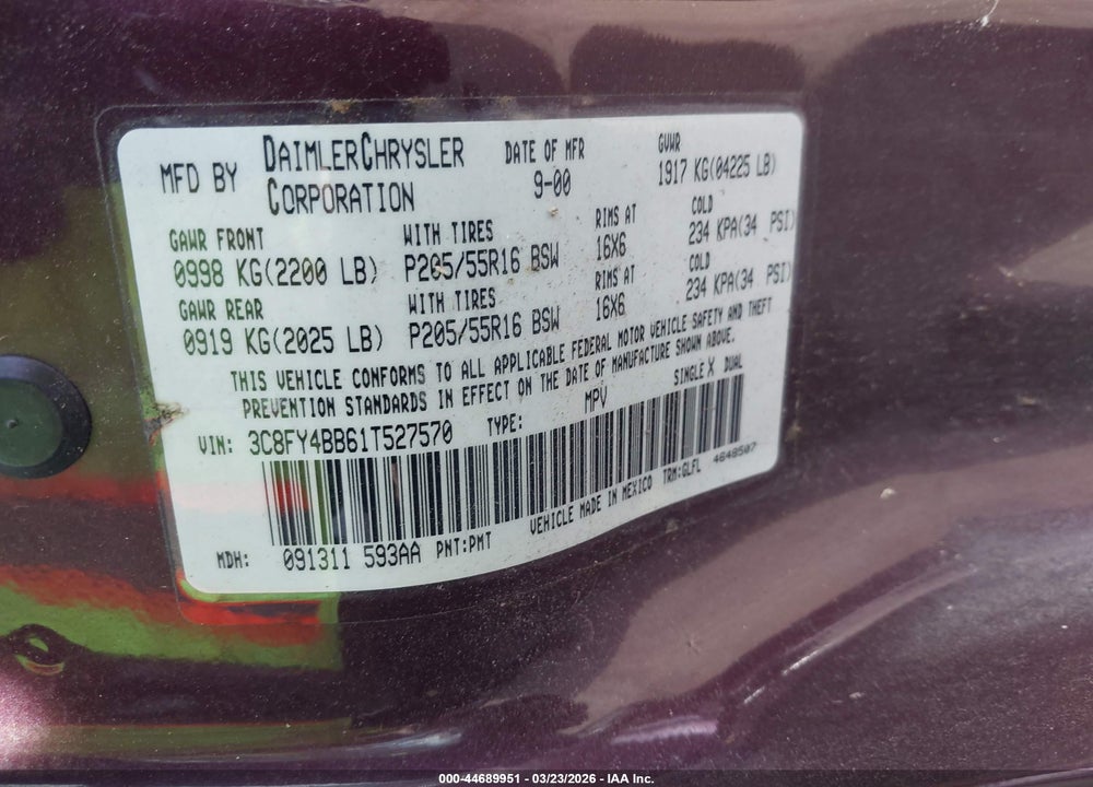2001 CHRYSLER PT CRUISER VIN: 3C8FY4BB61T527570