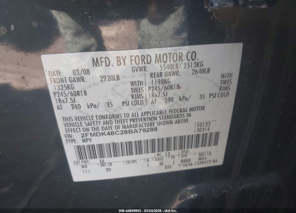 2008 FORD EDGE SEL VIN: 2FMDK48C28BA79288