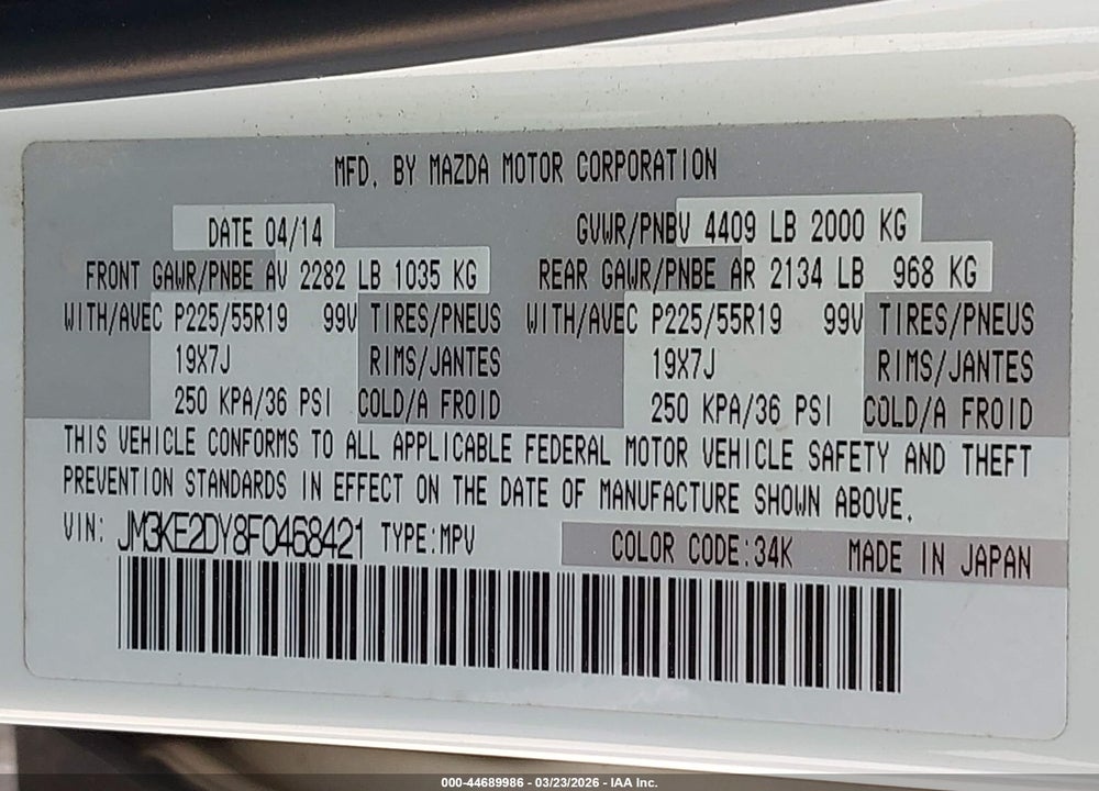 2015 MAZDA CX-5 GRAND TOURING VIN: JM3KE2DY8F0468421