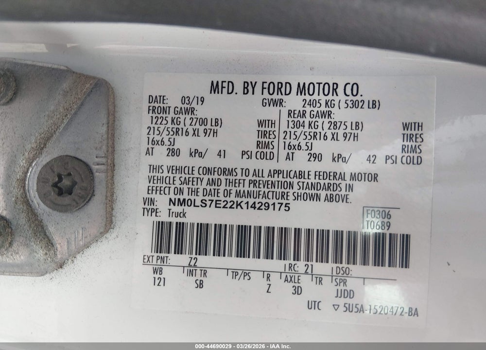 2019 FORD TRANSIT CONNECT XL VIN: NM0LS7E22K1429175