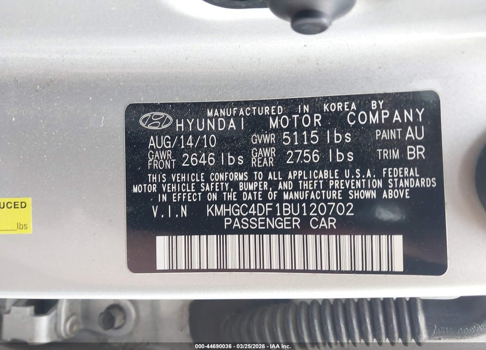 2011 HYUNDAI GENESIS 4.6 VIN: KMHGC4DF1BU120702
