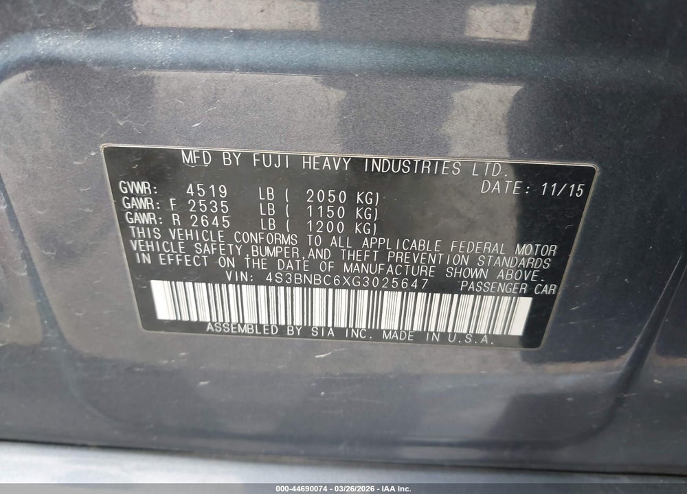 2016 SUBARU LEGACY 2.5I PREMIUM VIN: 4S3BNBC6XG3025647