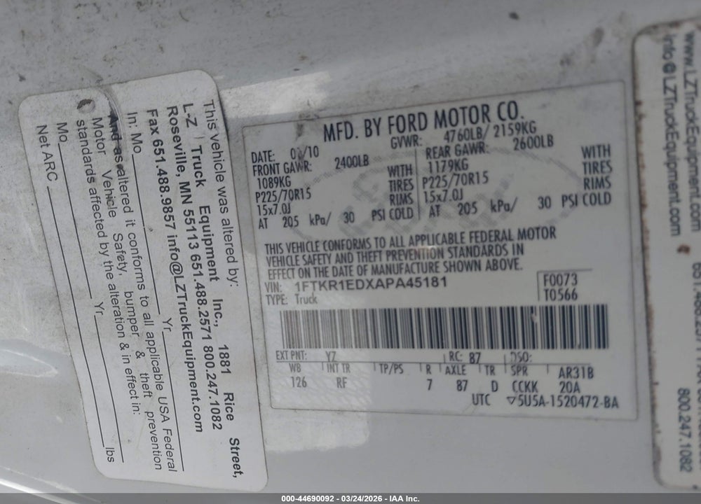 2010 FORD RANGER XL/XLT VIN: 1FTKR1EDXAPA45181