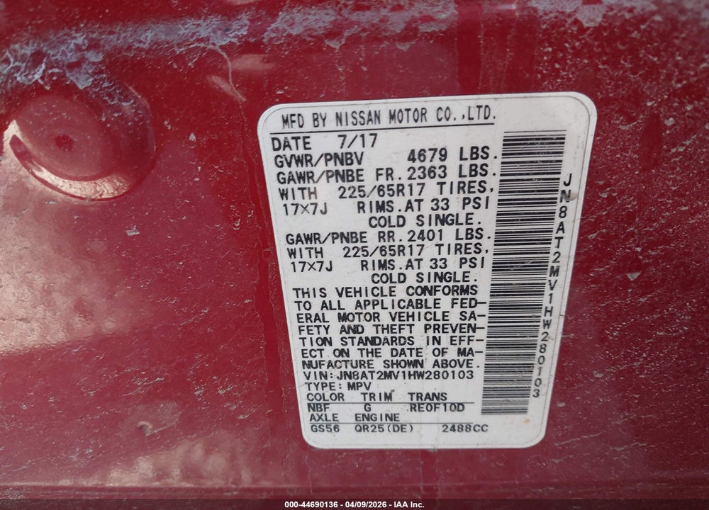 2017 NISSAN ROGUE SV VIN: JN8AT2MV1HW280103