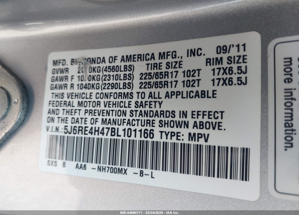 2011 HONDA CR-V SE VIN: 5J6RE4H47BL101166