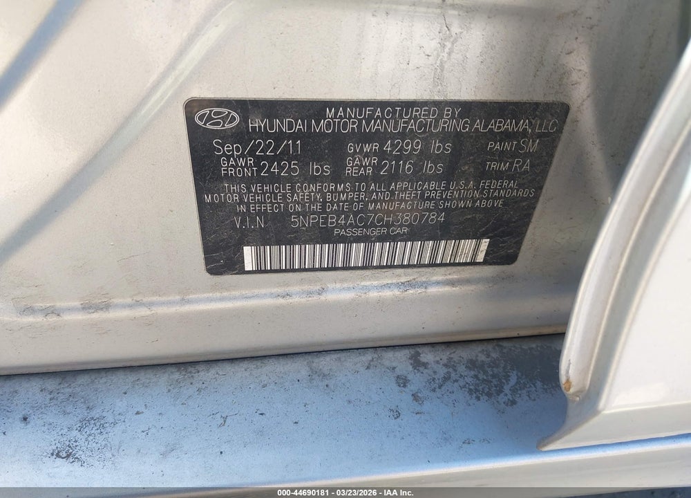 2012 HYUNDAI SONATA GLS VIN: 5NPEB4AC7CH380784