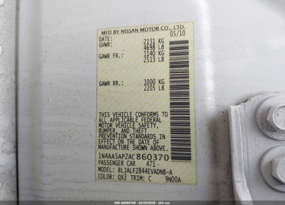 2010 NISSAN MAXIMA 3.5 SV VIN: 1N4AA5AP2AC860370