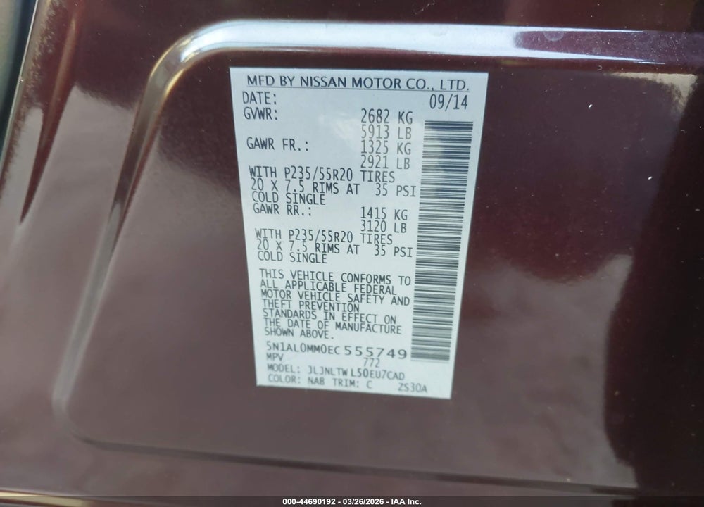 2014 INFINITI QX60 VIN: 5N1AL0MM0EC555749