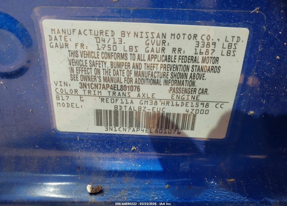 2014 NISSAN VERSA 1.6 SV VIN: 3N1CN7AP4EL801076